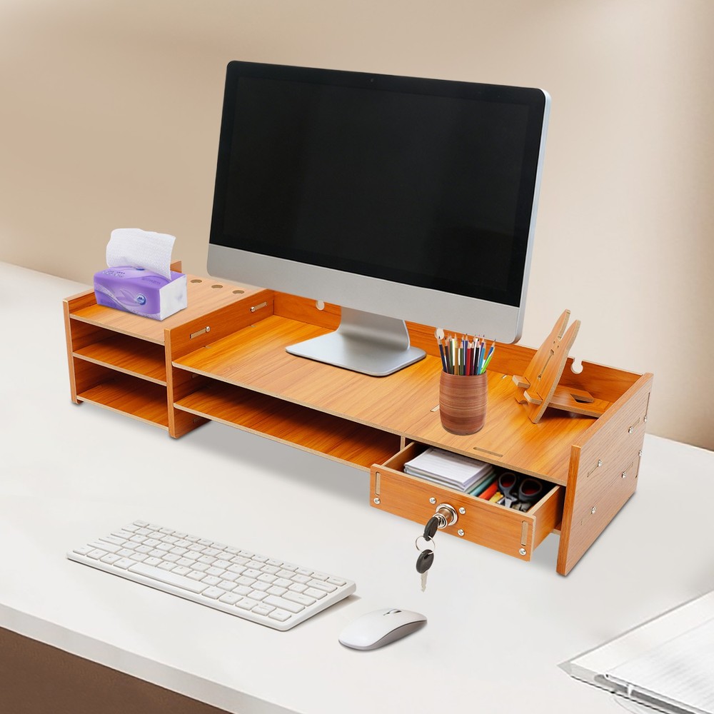 Wood Desk Organizer Home Office Desktop Storage Drawer Computer Holder + Lock