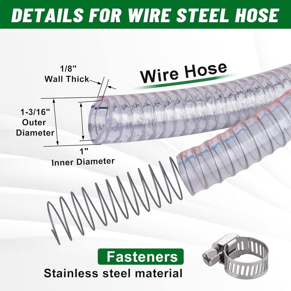 3.3FT 1" ID x 1.25" OD Steel Wire Suction Hose PVC Reinforced Tubing High Pre...