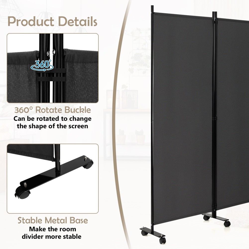 6-Panel Folding Room Divider 6' Rolling Privacy Screen w/ Lockable Wheels Grey