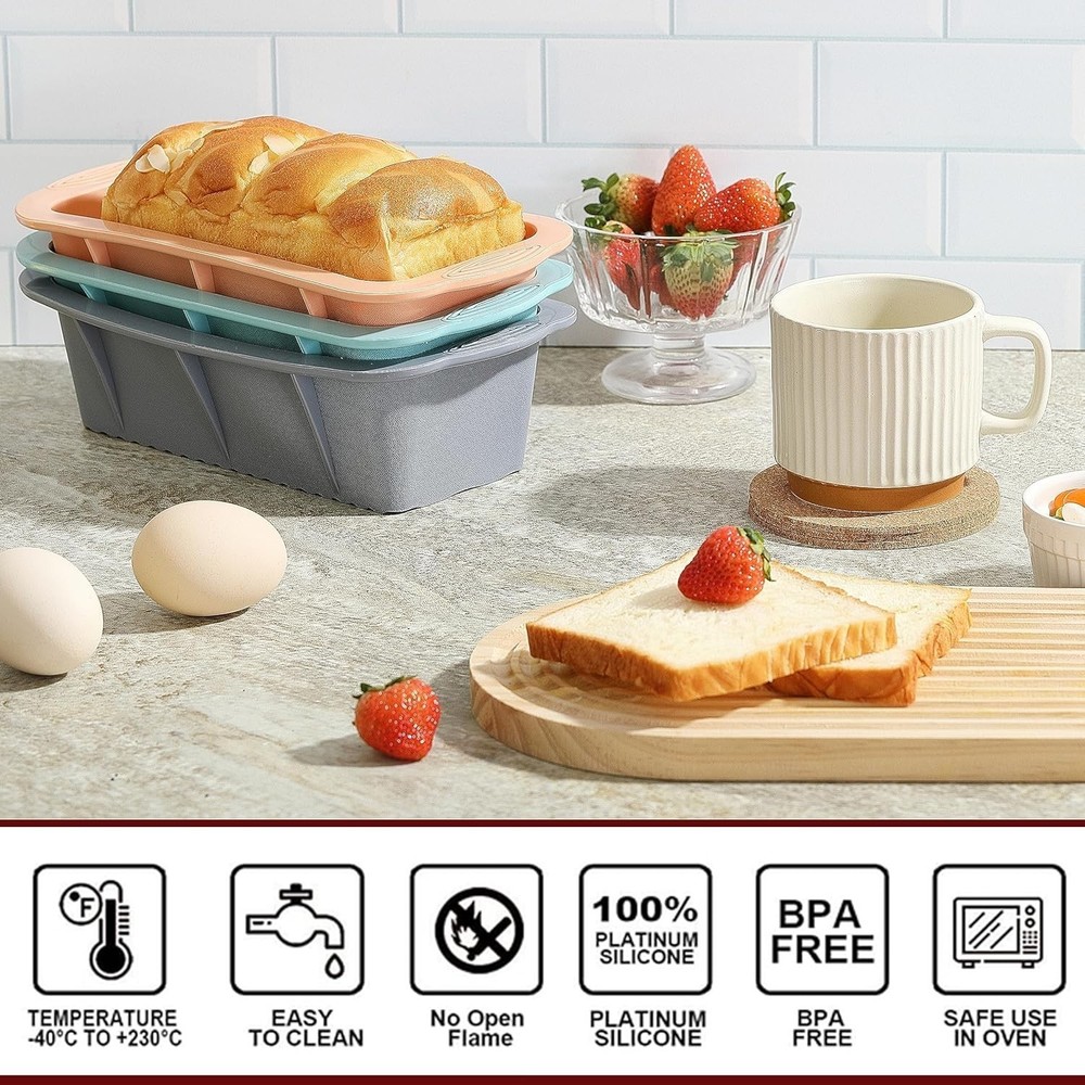 Koolstuffs Silicone Bread Loaf Pan, 3 PCS Rectangular Non-Stick Baking Mold P...
