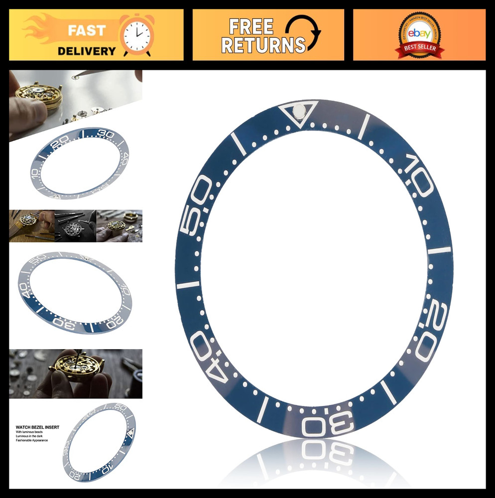 38mm Ceramic Watch Bezel Insert Replacement - White Character Blue Back, Watchma