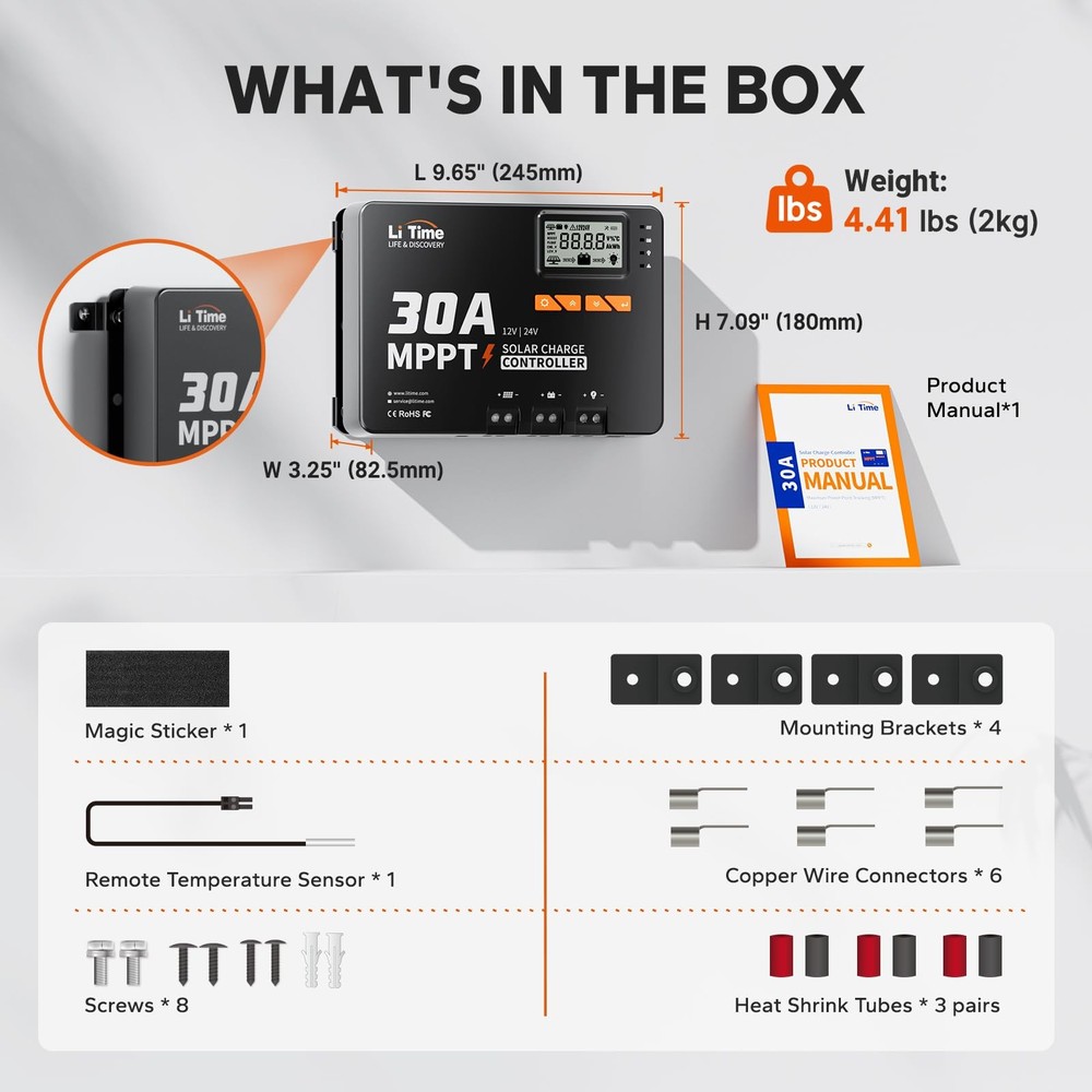 LiTime 30A MPPT Solar Charge Controller 12V/24V Auto Bluetooth LCD LED Indicator