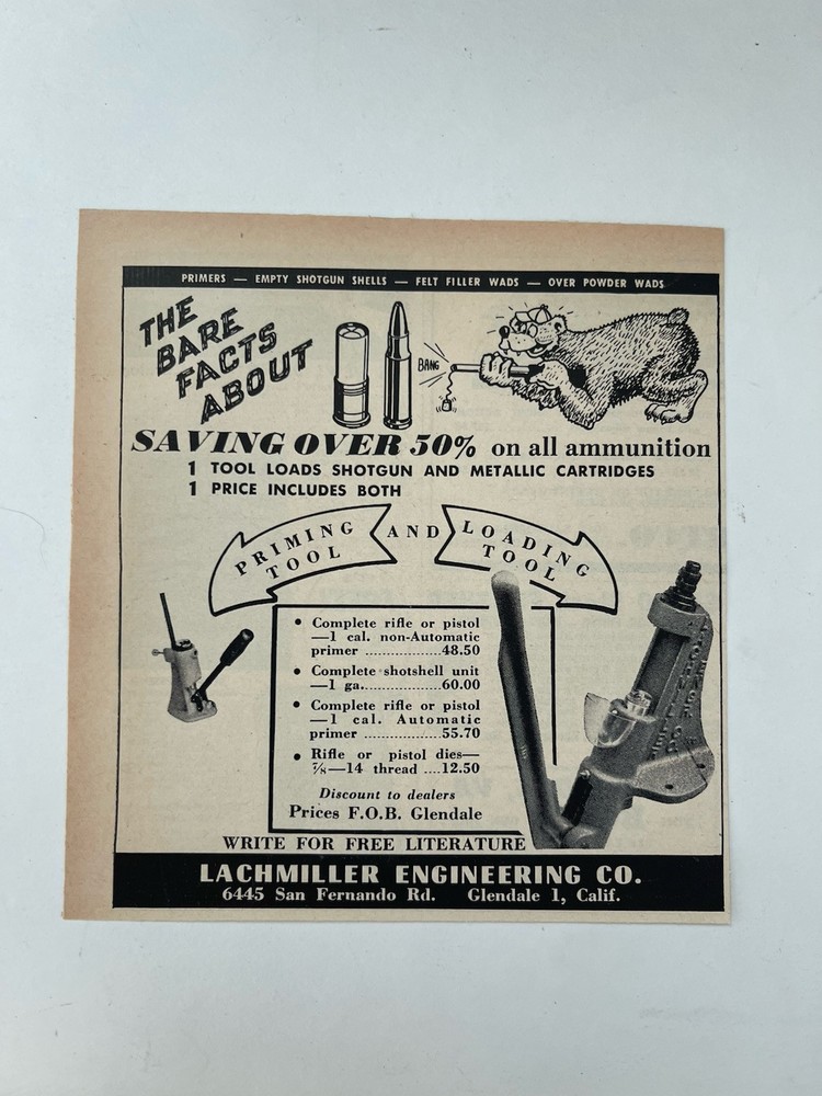 Vintage 1954 Print Ad Lachmiller Engineering Ammunition Reloading Tools Ad Only