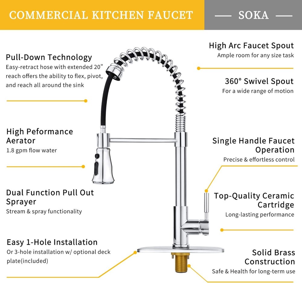 Kitchen Sink Faucet Single Handle with Pull Down Sprayer 3 Coil, Chrome