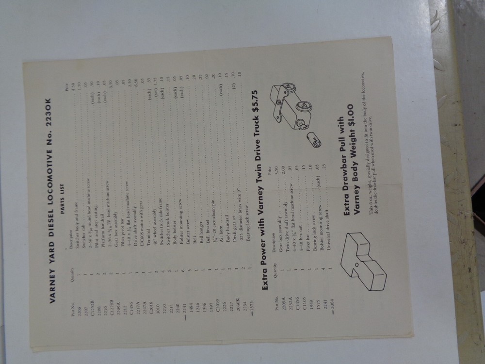 Varney Assembly & Instruction Sheets Featuring HP Diesel Switch & 32 ft Tender