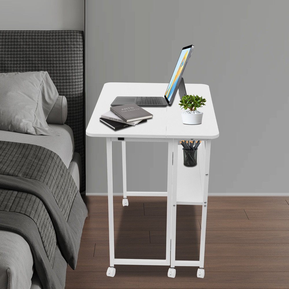 75cm(H) Computer Desk Freestanding Study Desk White Foldable Table W/ Six Wheels