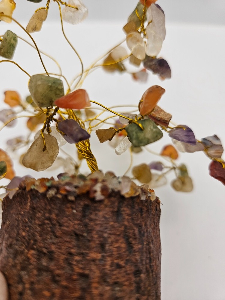 Copper Wire Multi Colored Gemstone Bonsai Tree & Wood Base - Vtg. Gemstone Tree