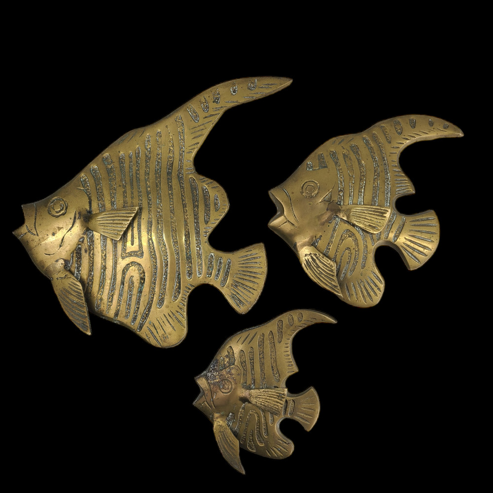 Mid-Century Solid Brass Angelfish Wall Plaque Decor Set