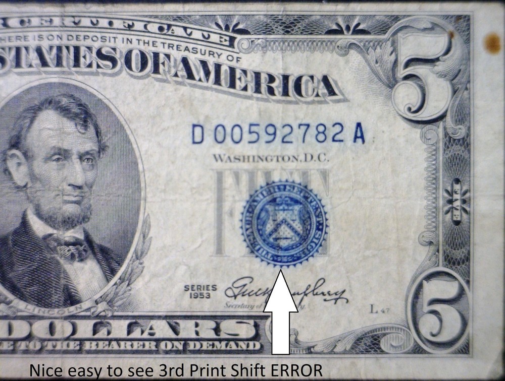 1953 ERROR $5 3rd Print Shift F + Silver Certificate BLUE SEAL Currency Note  NR