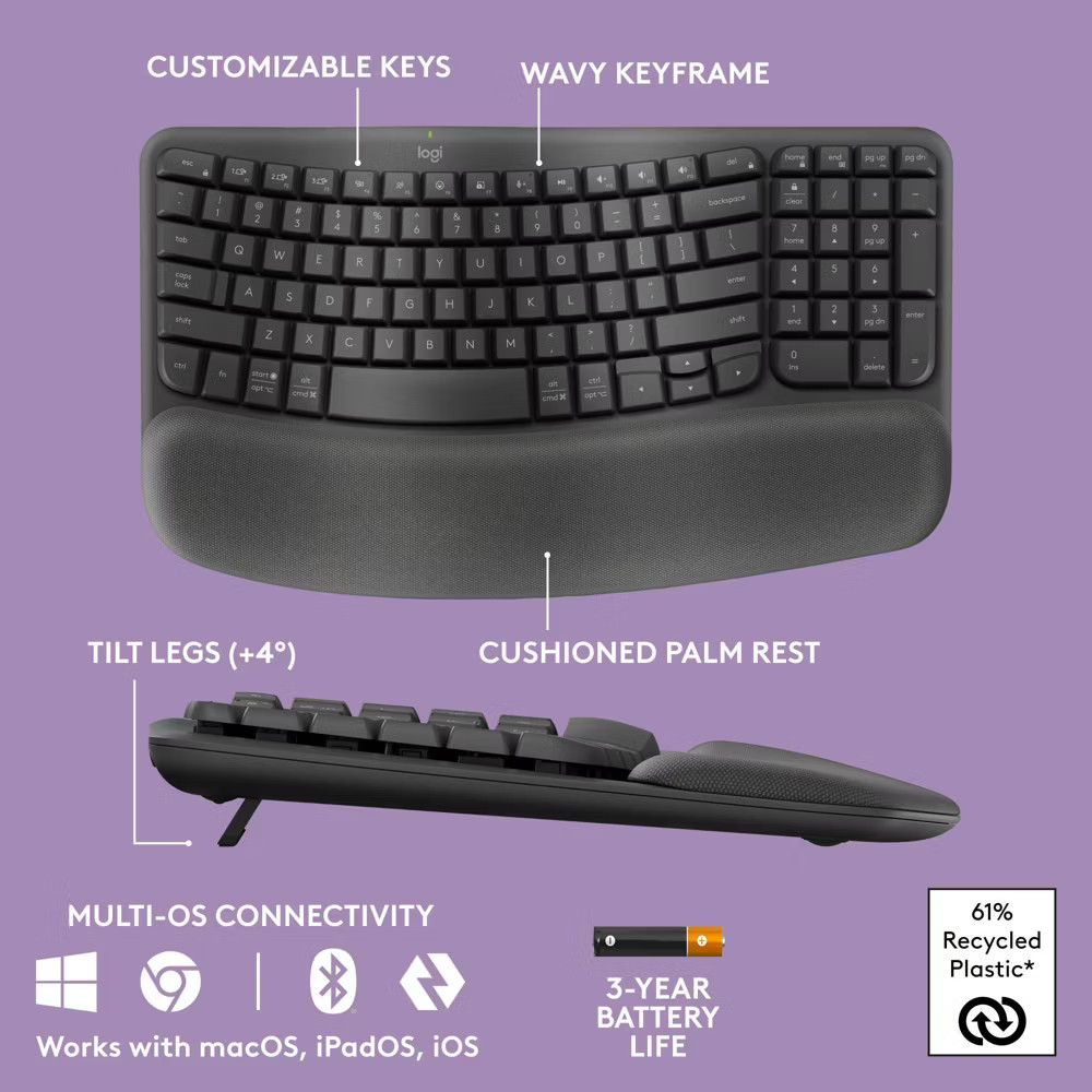 Logitech Wave Keys Bluetooth Keyboard - Black: Ergonomic Design, Wrist Rest