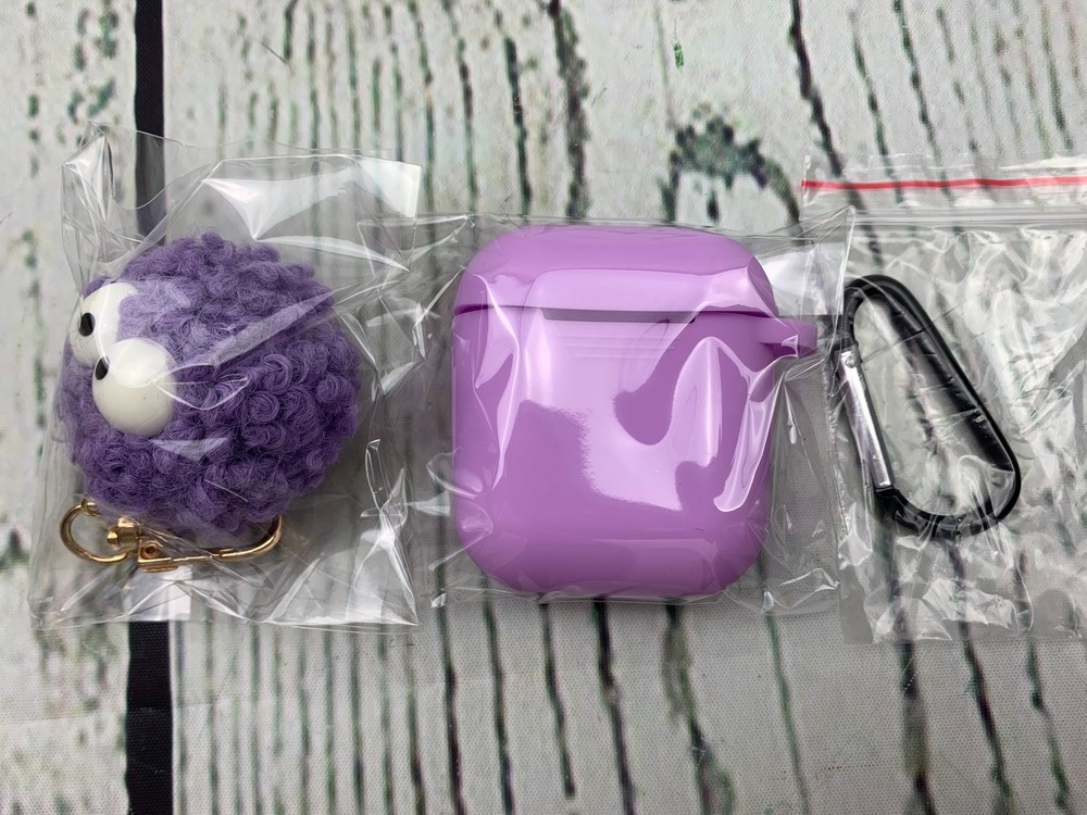 Earbuds Case Silicone Purple With Keychain Fluffy