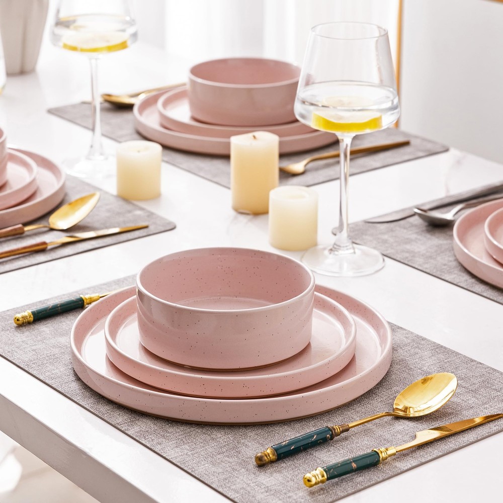 Ceramic Dinnerware Set for 4 | Speckled Stoneware Modern-Pink Service for 4