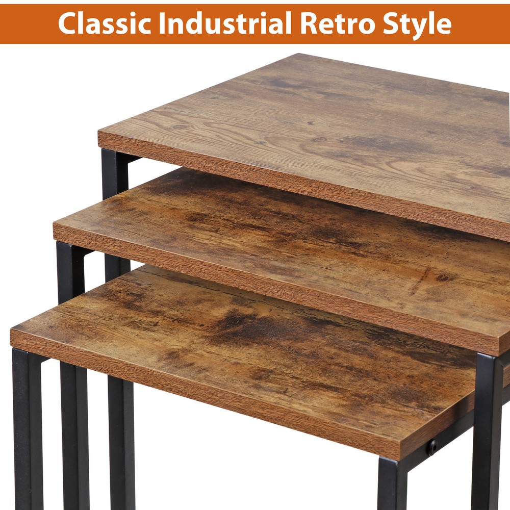 Nesting Coffee Table Set of 3 Stacking C-Shape Accent End Table with Metal Frame