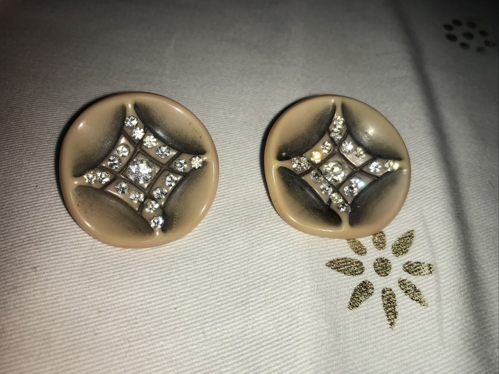 Vintage Rhinestone & Tan Clip Earrings