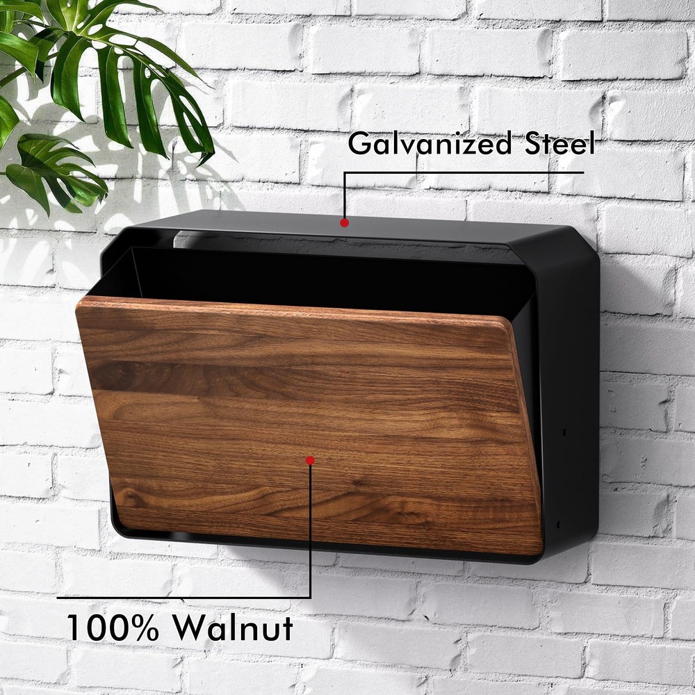 Wall-Mount Mailbox - Walnut & Galvanized Steel, 15.8" x 9.2" x 6" - Large