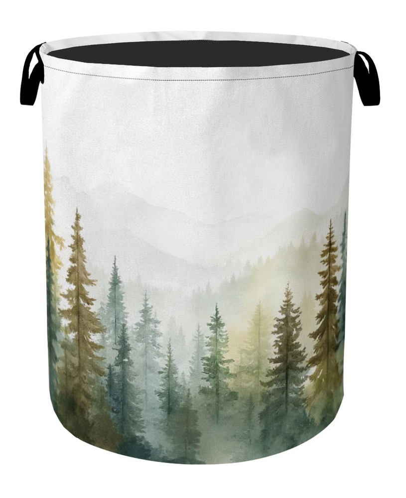 Misty Forest Green Foldable Laundry Hamper Waterproof Fabric Storage Bag