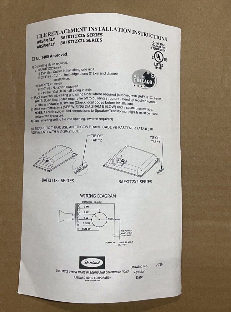 Rauland Communications BAFKIT1X2S70V Ceiling Speaker Assembly NEW