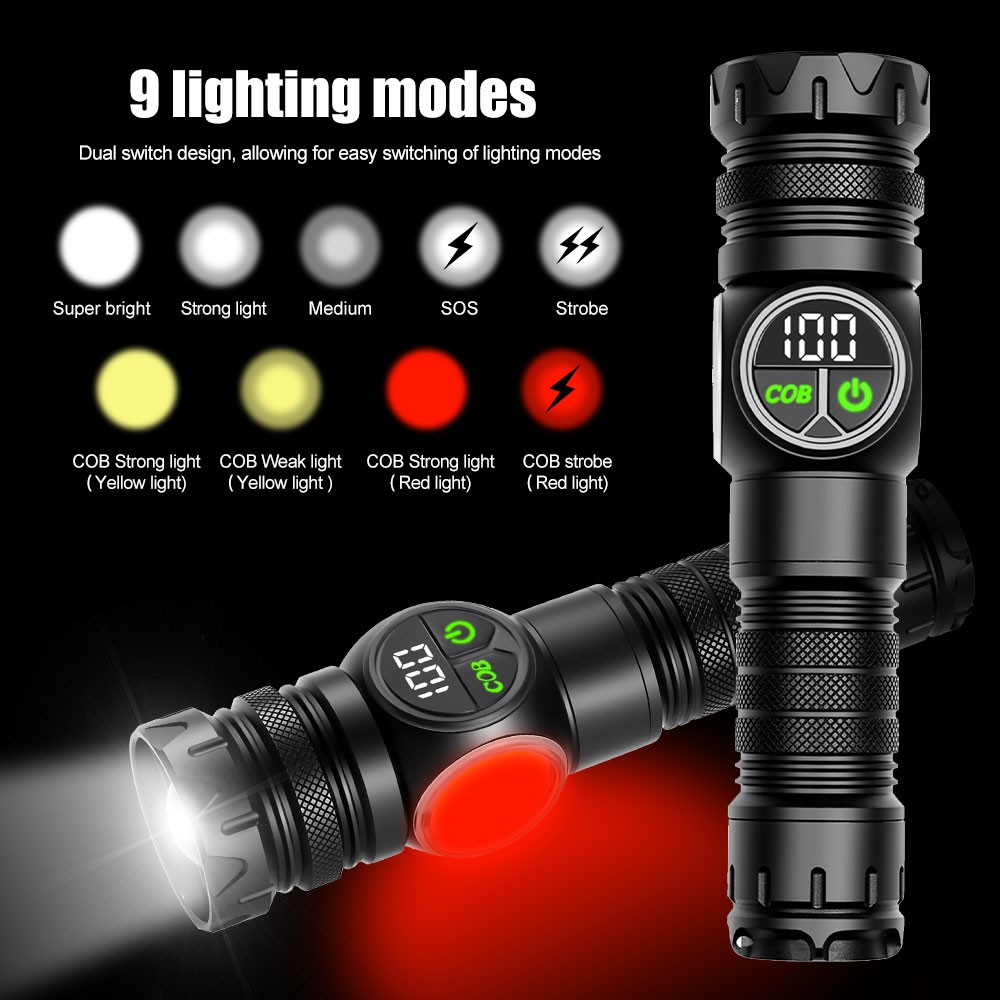 Laser White LED Flashlight Torch COB Yellow Red Camping Light Zoom USB Charging