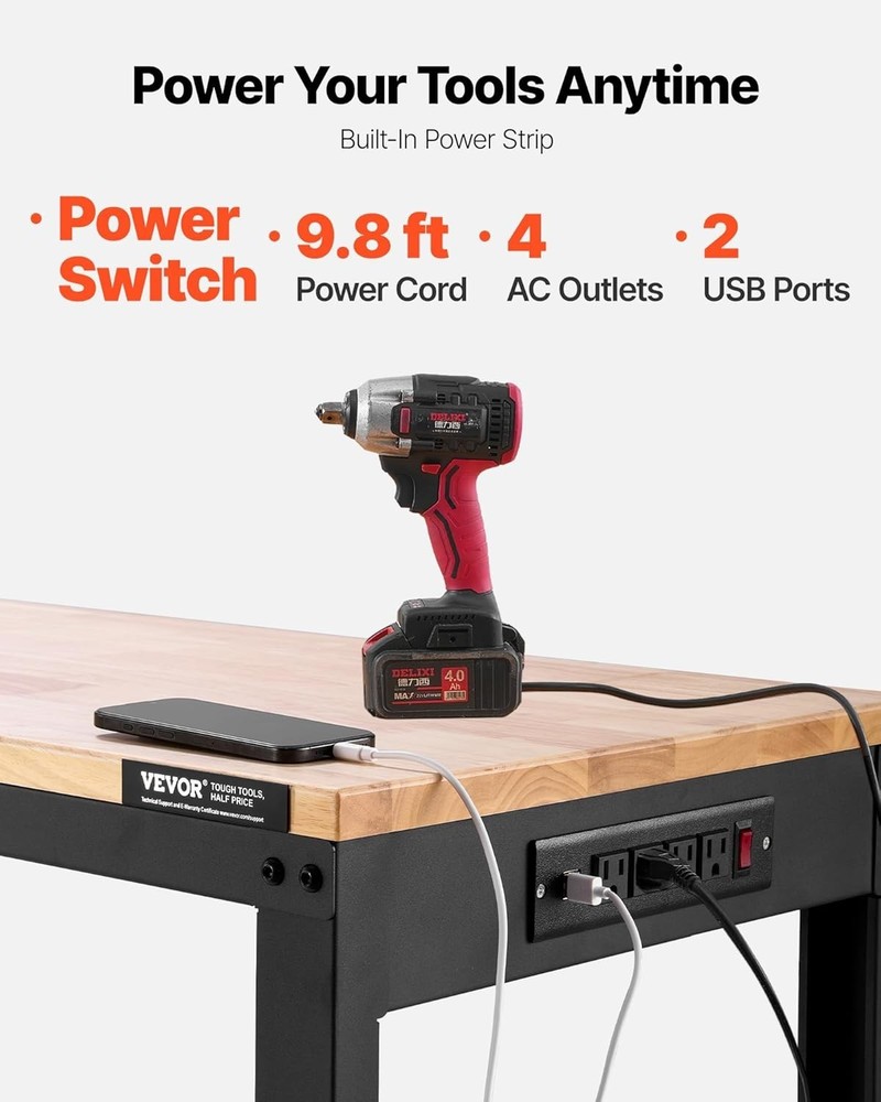 Durable 2000 lbs Capacity Adjustable Workbench - 48x20 Inch with Power Solutions