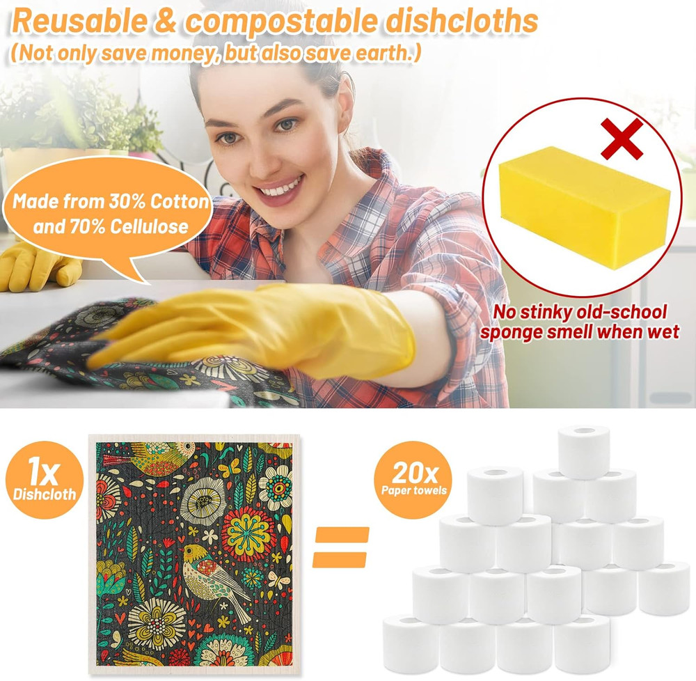 8 Pack Swedish Dishcloths for Kitchen, Reusable Soft Kitchen Towels Dish Cloths