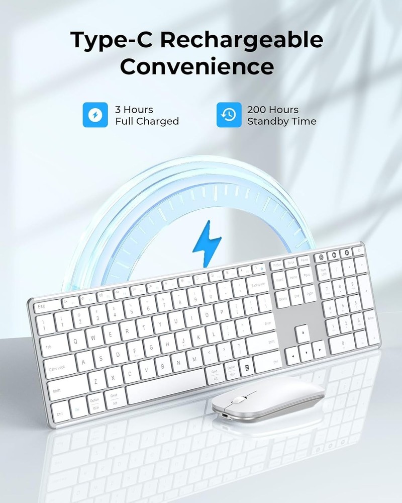 Bluetooth Keyboard & Mouse Set - Fits Windows, Mac, iPad - Rechargeable & Slim