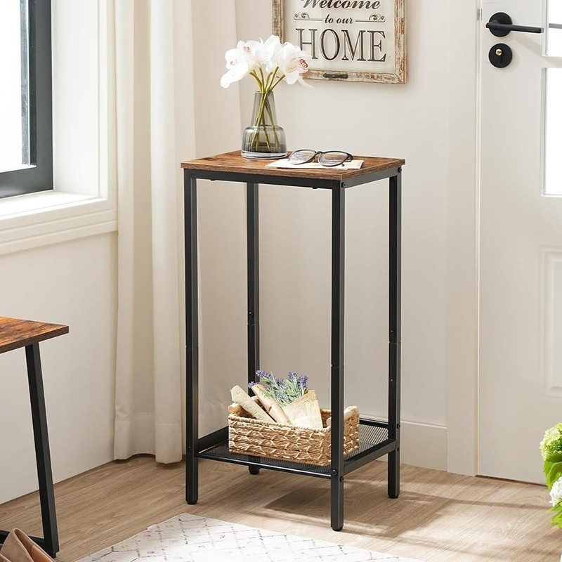 Tall Side Table Nightstand Small Space Adjustable Shelf Rustic Industrial New