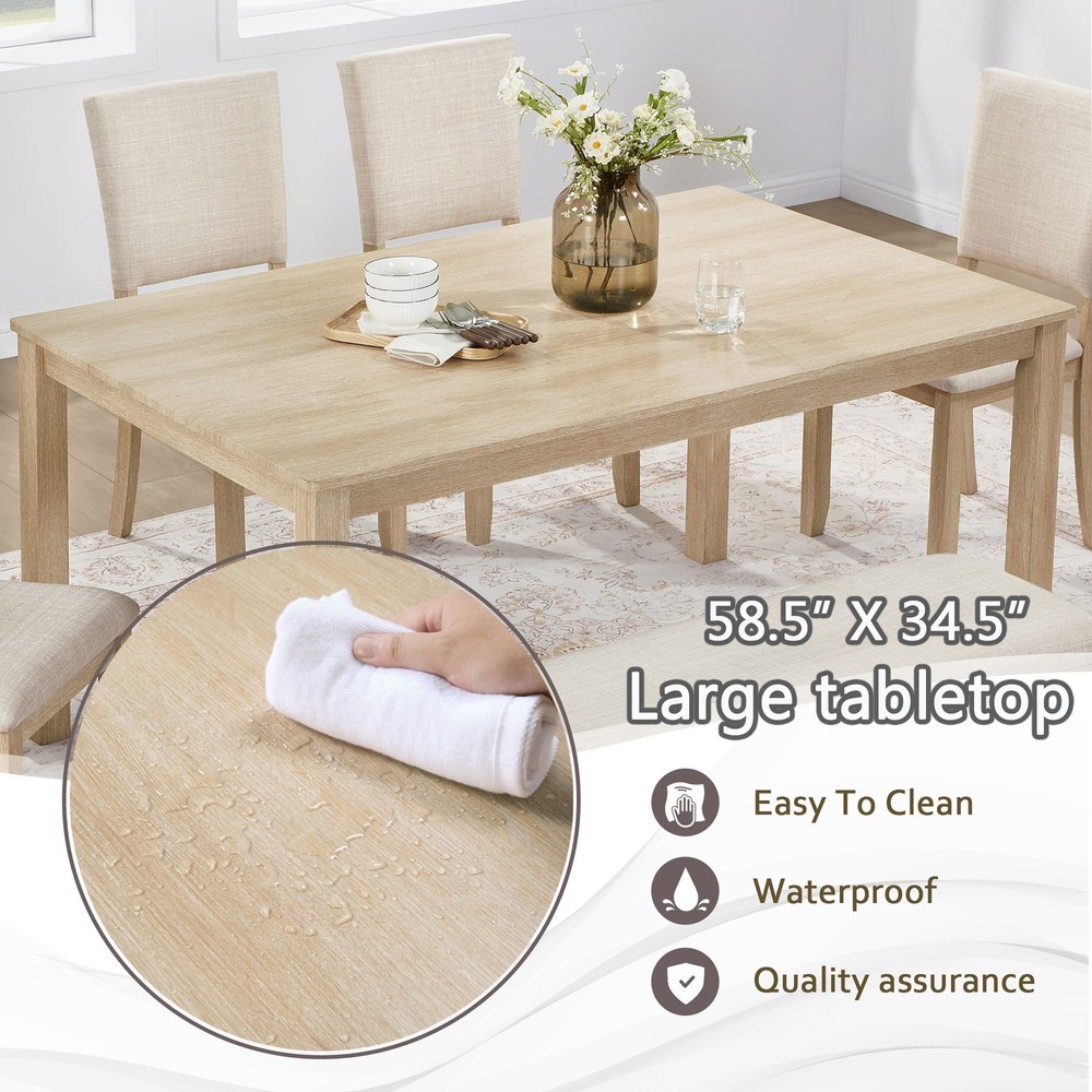6Pack Dining Table Set with Bench, Wooden Rectangular Kitchen Table Set, Modern