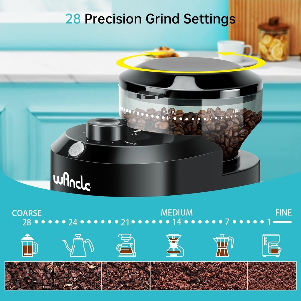 Electric Burr Coffee Grinder Adjustable with 28 Precise Grind Settings for 12 Cu