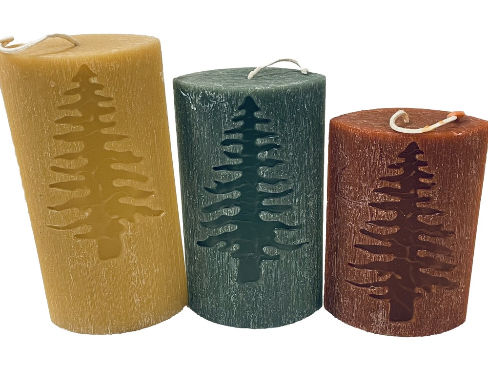 3 Salsa Style Art Studio Pillar Candles Handmade Rustic Cabin Christmas Tree