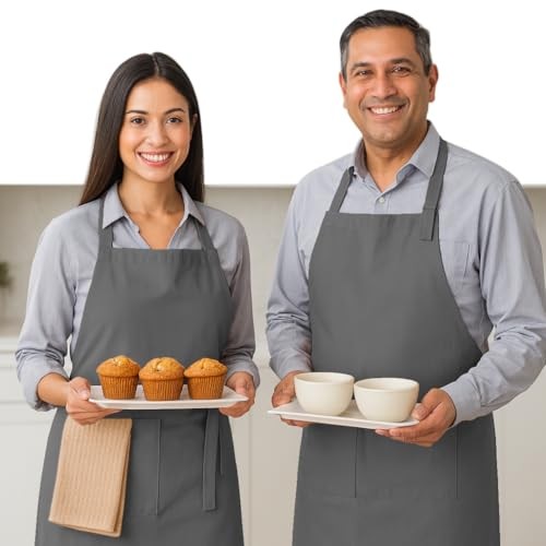 Kitchen Apron 2 Pack - 100% Cotton Adjustable, Durable Apron with Grey