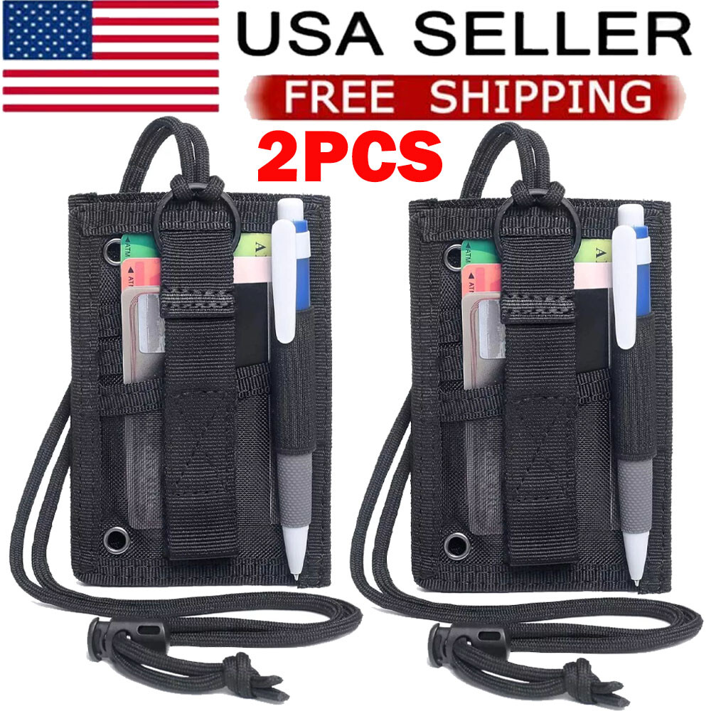 2PC Black Tactical ID Card Holder Hook&Loop Patch Badge Organizer - Neck Lanyard