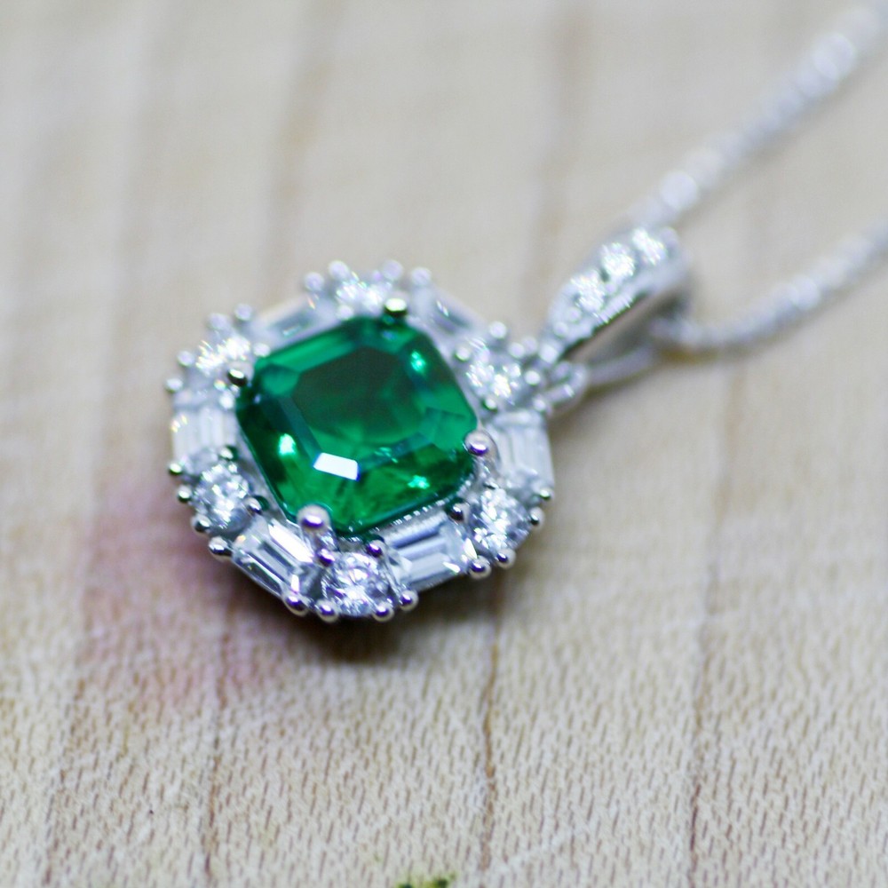 Lab Created Emerald Pendant Sterling Silver , May Birthstone 20th Anniversary