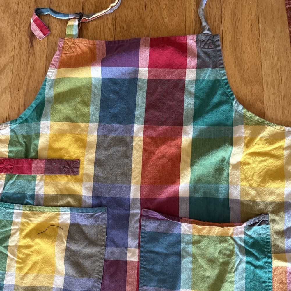 Crate & Barrel Bib Apron Striped Multi Colored Patchwork Pockets 34"l
