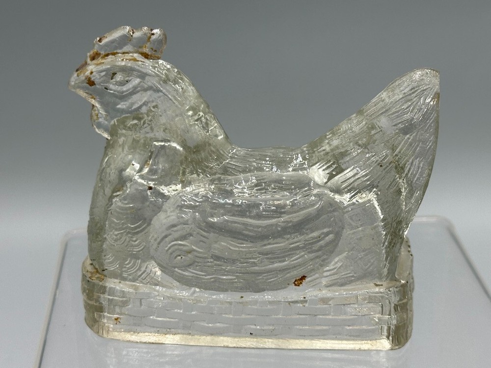 Vintage CHICKEN on a BASKET Hen Glass CANDY CONTAINER A&E 148