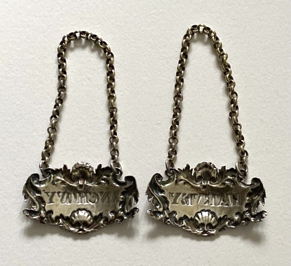 Antique SILVER BOTTLE LABLES - Pair, Harvey & Anchovy, Solid Silver (5I12)