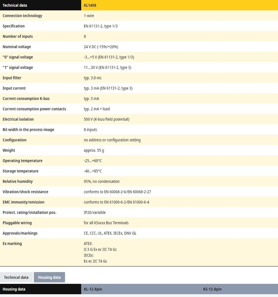 Beckhoff KL1408 Digital Input Module 8 Channel 24V DC New