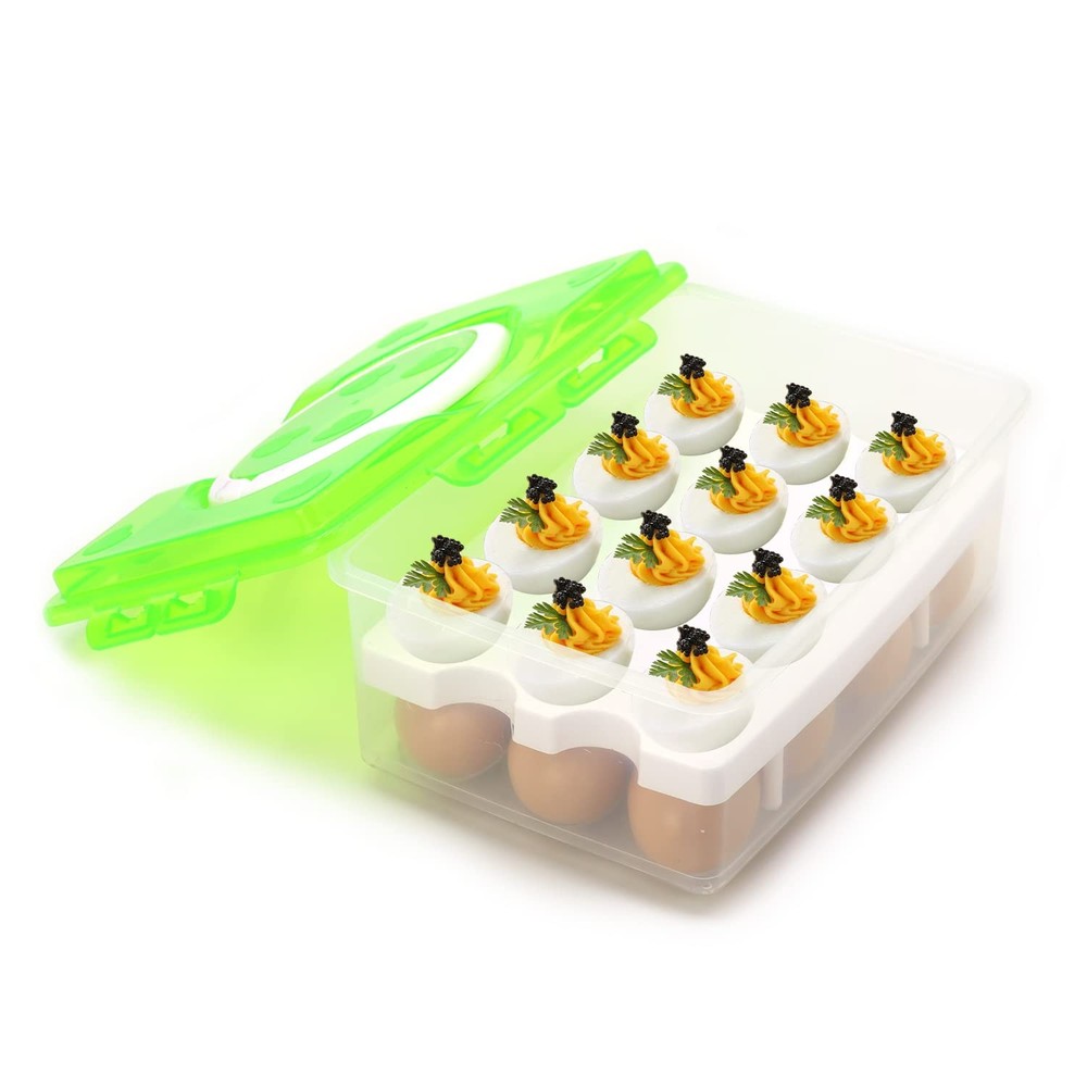 2 Tiers Egg Container Deviled Carrier Eggs Holder Holds 24 eggs, Green