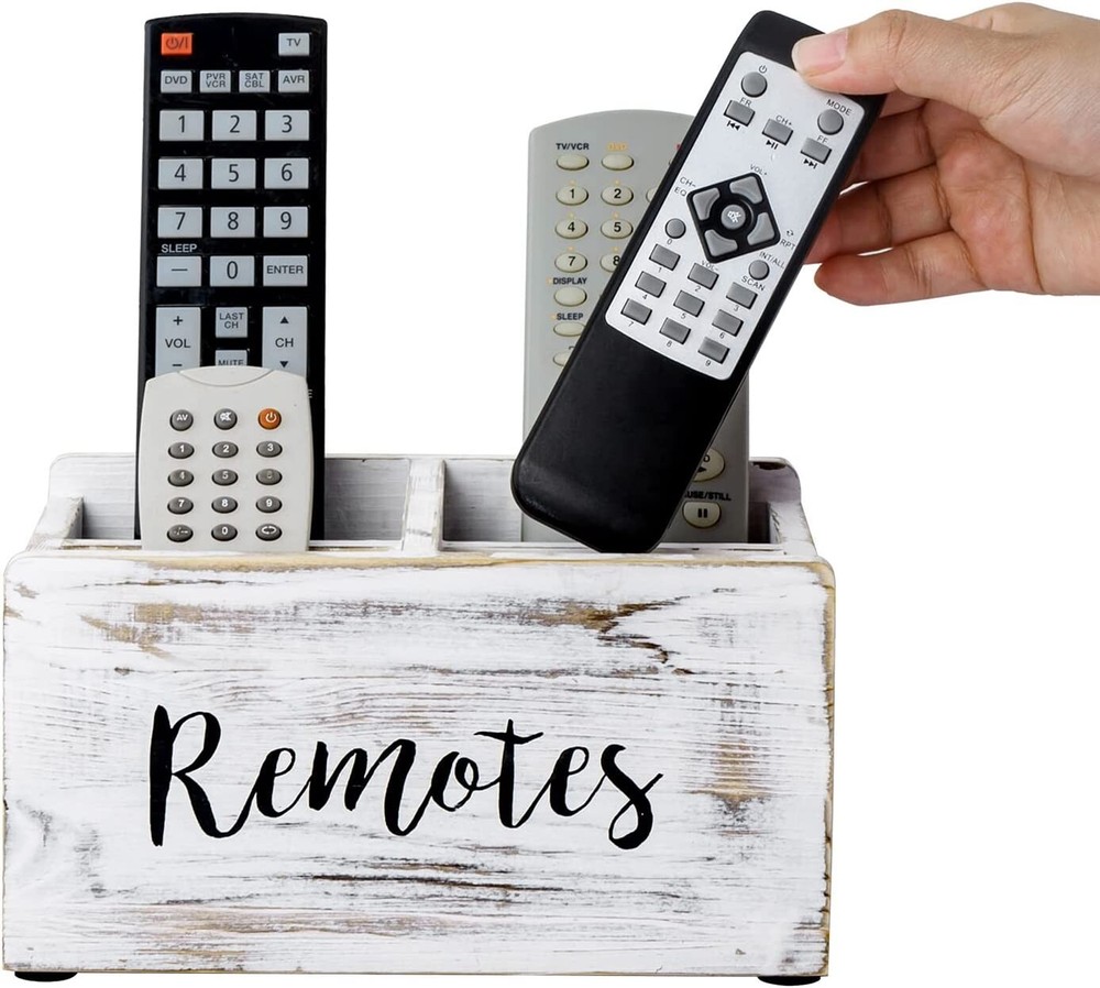 Whitewashed Wood Remote Control Holder Organizer / Tabletop Media Storage Caddy