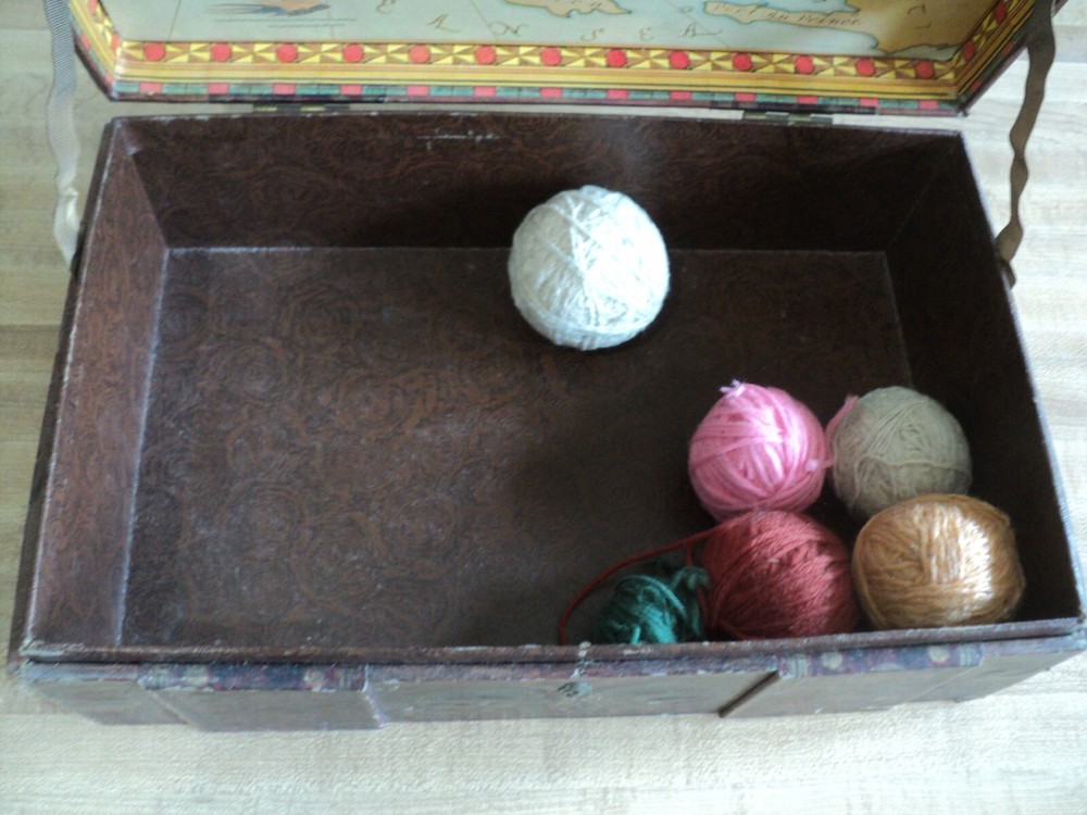 Vintage Beautiful Sewing Knitting Box Embossed Paper Covered Map Inside Lid