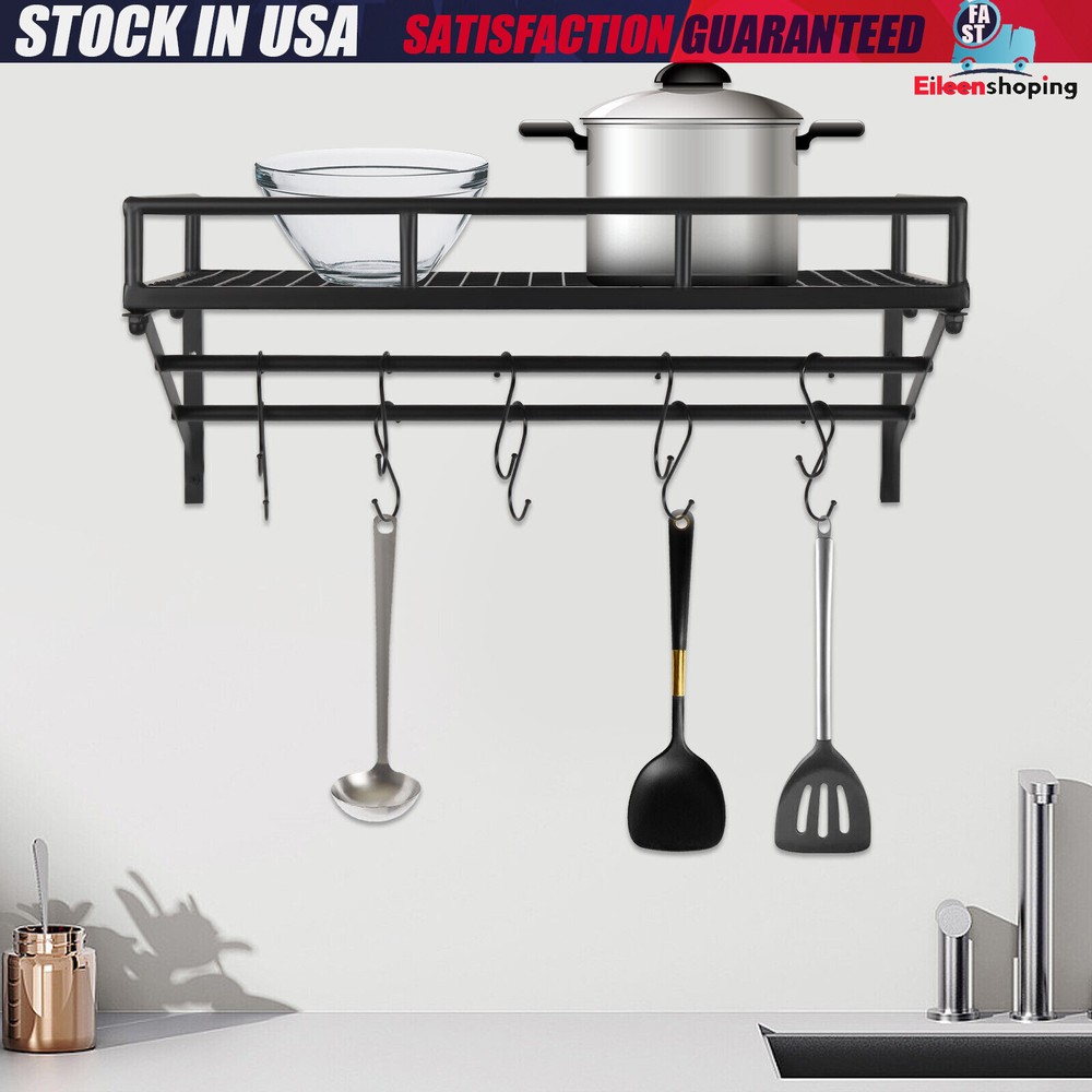 Kitchen Wall Mounted Storage Shelf Cookware Pan Pot Organizer Rack with 10 Hooks