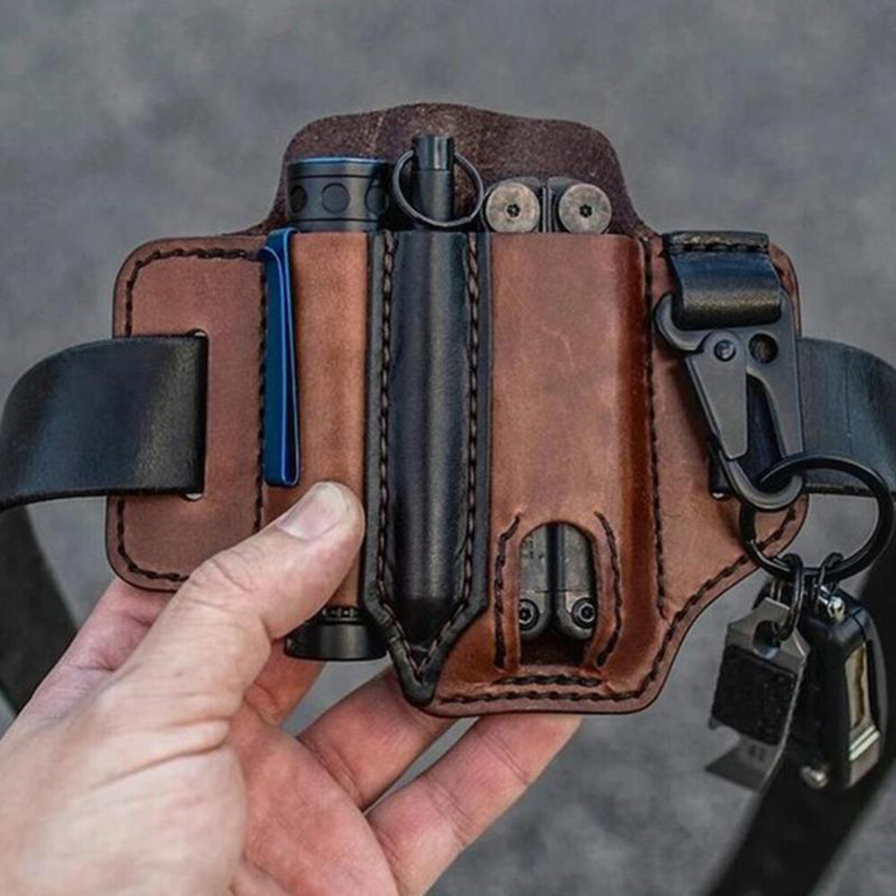 EDC Leather Sheath For Knife Belt Flashlight Holster Multitools Organizer NEW##