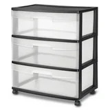 3 Drawer Wide Cart with Wheels Black Plastic