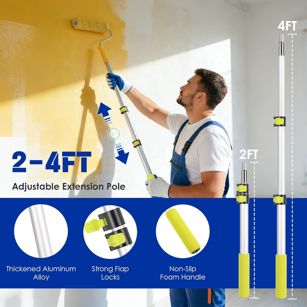 32PCS Paint Roller Kit with 2-4Ft Extension Pole, 9" & 4" Roller Covers, Paint B