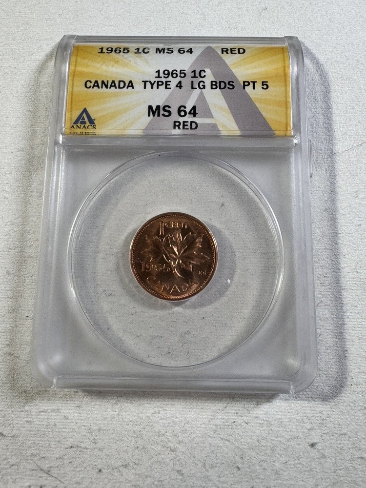 1965 Canada 1 Cent Type 4 Large Beads Pointed 5 Graded MS 64 RD by ANACS