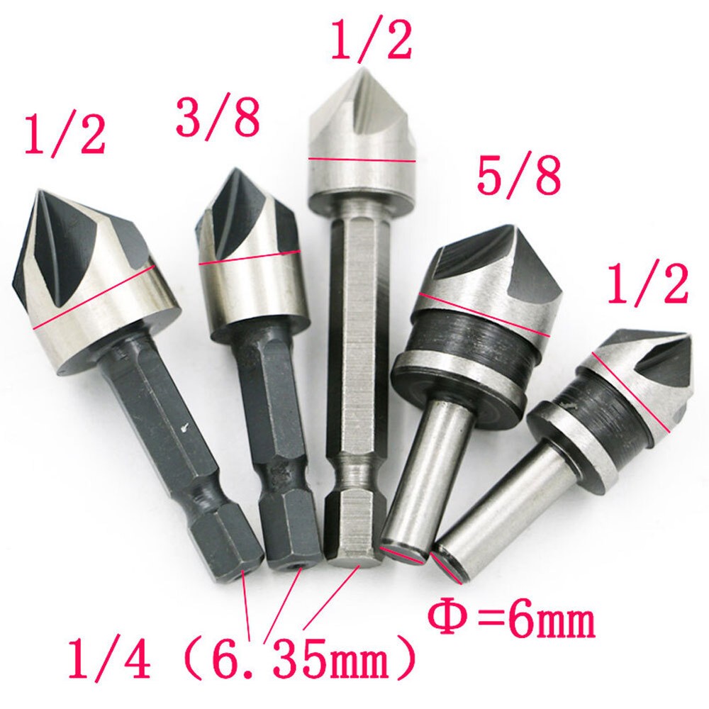 5pcs 82 Degree Chamfer Angle HSS 5 Flute Countersink Drill Bit Set Tool