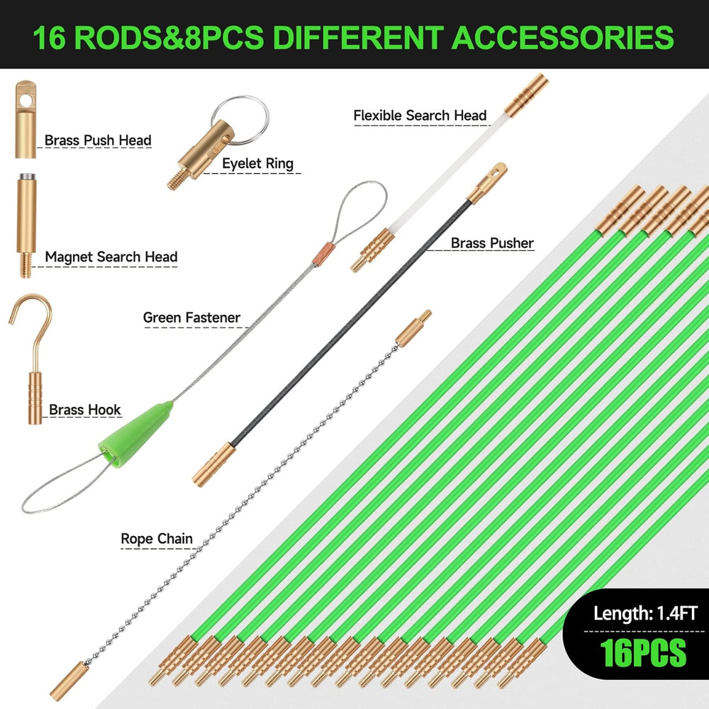 22FT Fiberglass Running Electrical Wire Cable Glow Rods Wire Pulling, Fish Ro...