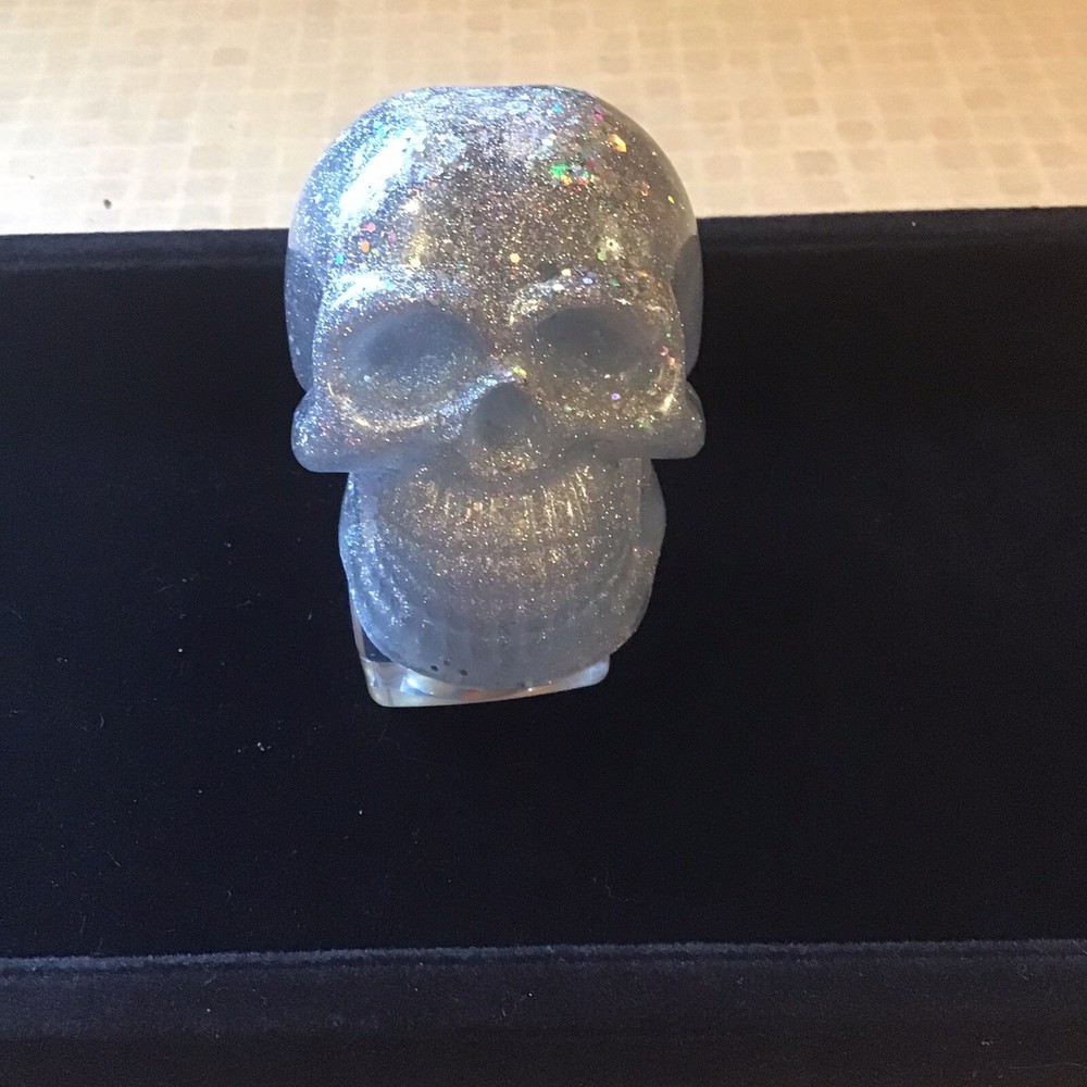 Hand Made Resin Glitter Skull - Silver & Clear Glitter/ Silver 2 1/2”