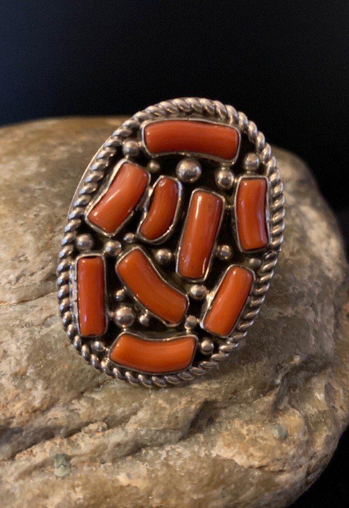 Native American Navajo Sterling Silver Cluster Orange Coral Ring Size 9 00509