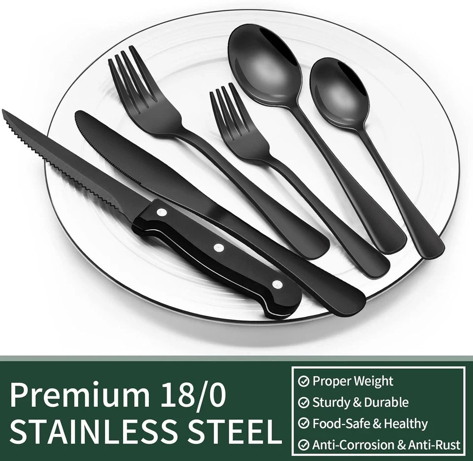 24-Piece Matte Black Silverware Set, Stainless Steel Flatware Cutlery, Kitchen