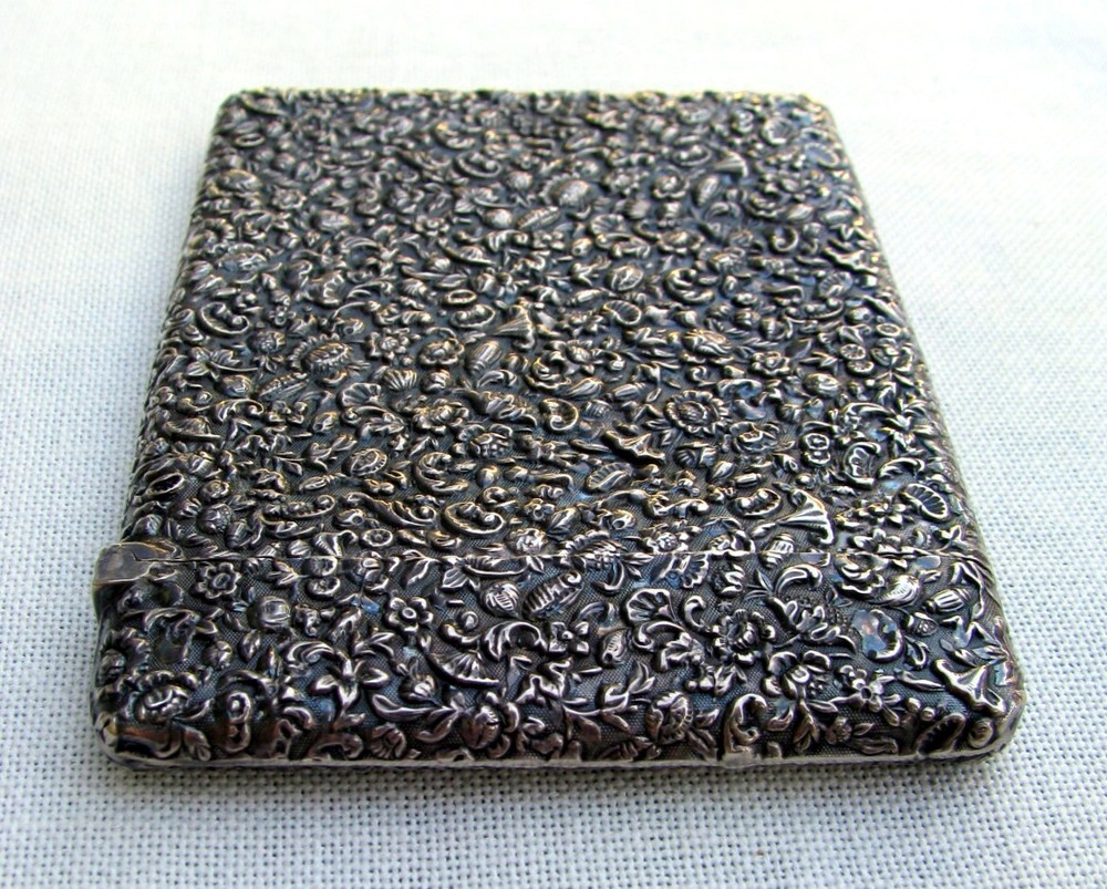 MINT ORNATE REPOUSSE 3-D SILVER OBJECT D’ ART GEORGE UNITE 1882 CALLINGCARD+CASE